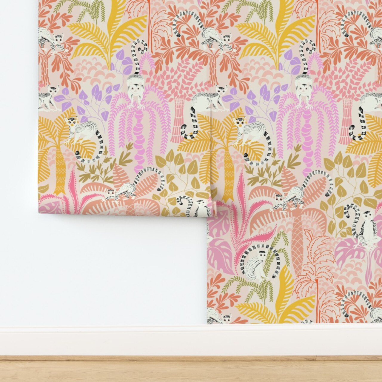 Whimsical Jungle Safari Zoo Animals Lemur Monkey Adventure Colorful Tropical Plants Palm Tree Monstera Leaves Rainforest Ring Tailed Custom Pre-pasted Wallpaper by Spoonflower Pre-Pasted Wallpaper 2FT Wide